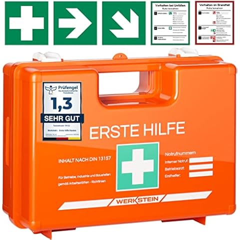 Erste Hilfe Kasten mit Inhalt nach neuer DIN 13157:2021 I Inkl. praktischer Wandhalterung, 5x Aufkleber & Plombe I Erste Hilfe Koffer für Betriebe, Einrichtungen & Zuhause Cover