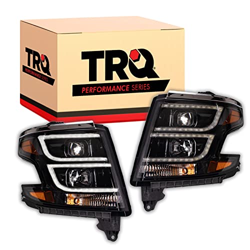 Image of TRQ Performance Driver and Passenger Side Headlight Assembly Set Black Housing Clear Lens Compatible with 15-20 Chevrolet Suburban 15-20 Chevrolet Tahoe Halogen Only