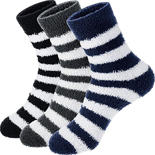 Geyoga 3 Pairs Men Fluffy Slipper Socks Elastic Winter Fuzzy Socks Comfy Warm Thermal Bed Socks Soft Fleece Home Socks (Striped Style)
