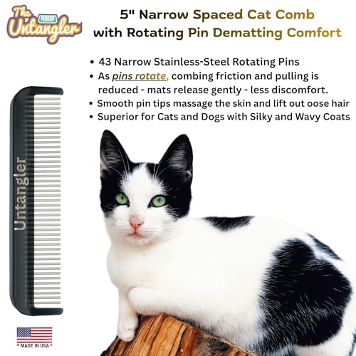 Image of Cat Comb with Silky Smooth Rotating Teeth - Clears Mats Gently and Easily (5 inch Ultra Fine Teeth; 7 inch Dual Teeth) (Black, 5 inch)