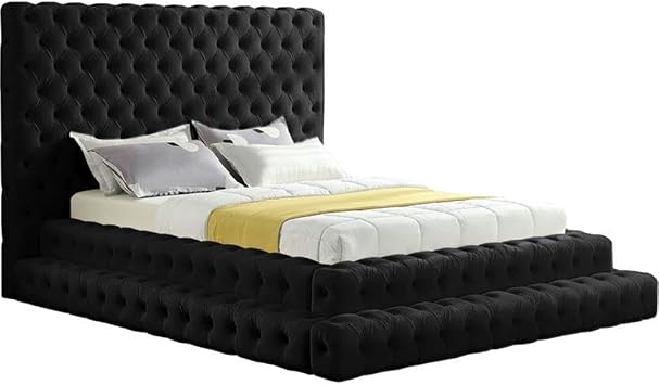 MAKLAINE Contemporary Upholstered Black Velvet Queen Bed, 85" W x 98" D x 60" H, Deep Button Tufting, Soft Velvet, Elegant Design, Height Adjustable Footboard, Stylish Bedroom Furniture