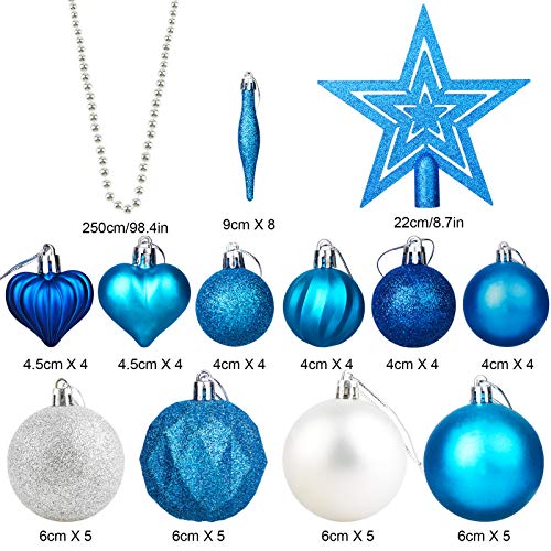 HOWAF Kerstboomballen set - 50 stuks kerstballen van kunststof zilver en blauw, plastic kerstballen onbreekbaar met hanger voor kerstboomdecoratie en kerstboomversiering - Image 3