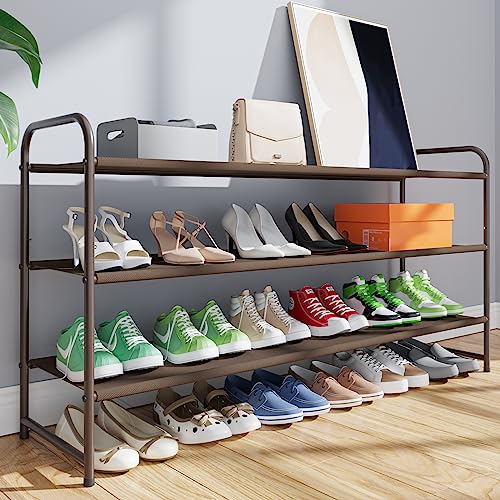 Kitsure Shoe Rack for Entryway - Sturdy & Durable Long Stackable Shoe Organizer for Closet, 3-Tier Space-Saving Metal Shoe Shelf for up to 24 Pairs, for Garage & Corridor, Brown