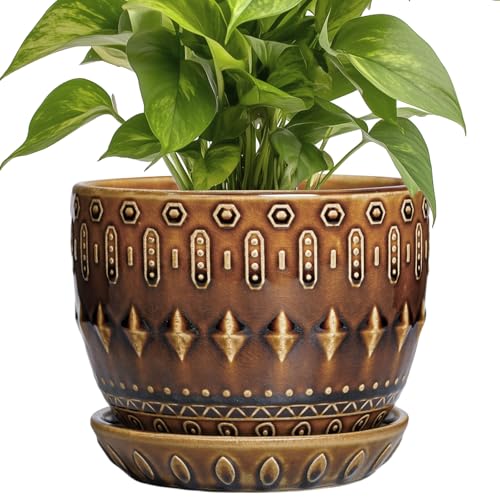G EPGardening 5.5 Inch Plant Pot - Ceramic Planter for Indoor Outdoor Plants, Boho Round Indoor Flower Pot with Drainage Hole and Saucer, Housewarming Gifts, Garden Home Room Decor, Brown