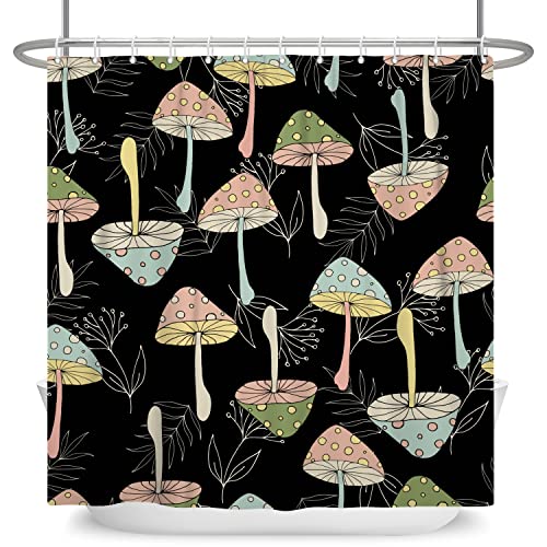 72x72 Inch Vintage Cute Mushroom Bathroom Shower Curtain Pink Green Blue Plant Mushroom with Black White Leaf Flower Shower Curtain Black Cloth Fabric Bathroom Decor Curtain with Hooks