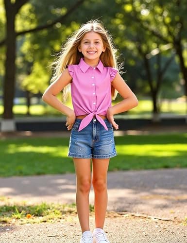 Image of Girls Sleeveless Plaid Button Down Shirt Summer Crop Tops Tie Knot Ruffle Sleeve Shirt Blouse 3-12Y