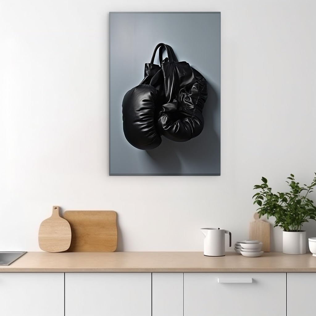 Canvas for Living room. Battle-Ready Black Leather Boxing Gloves - Poised for the Next Challenge, 27 x 18 inch Canvas Wall Art - Modern Home Decor
