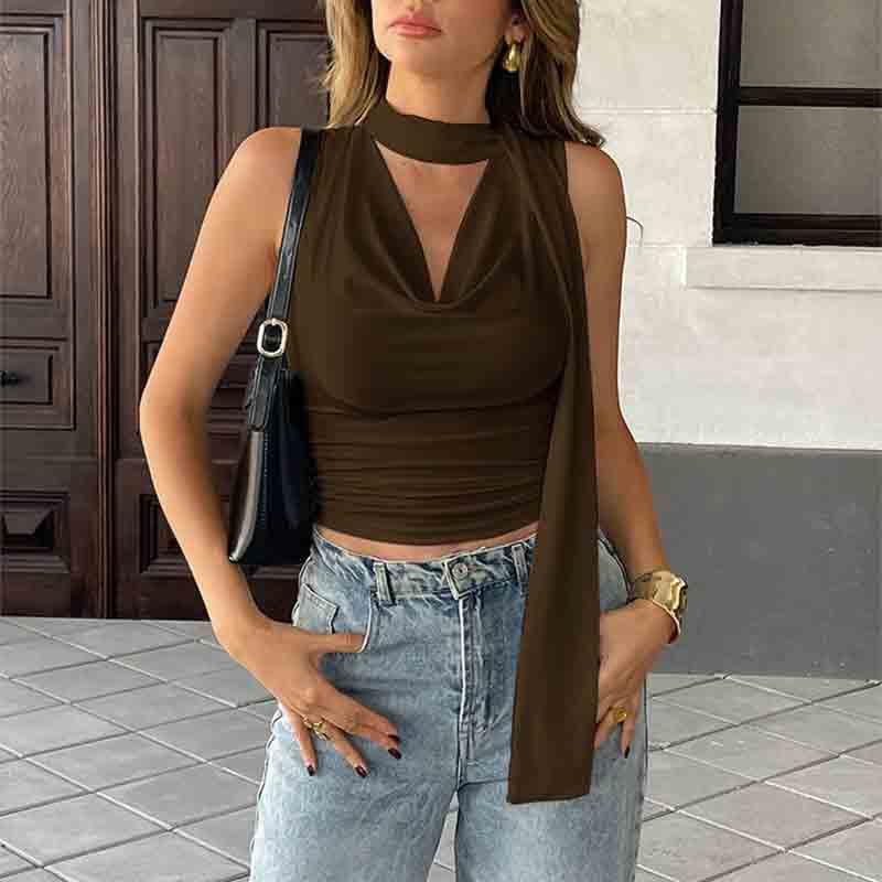 Women's Sleeveless top with Fluttering Collar Vest, Cinched Waist for Slimming and Slimming Effect3