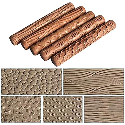 Yushen 5Pcs Wooden Clay Texture Rolling Emboss Plaid Hand Rollers Polymer Clay Ceramic Pattern Pottery Tools Cover