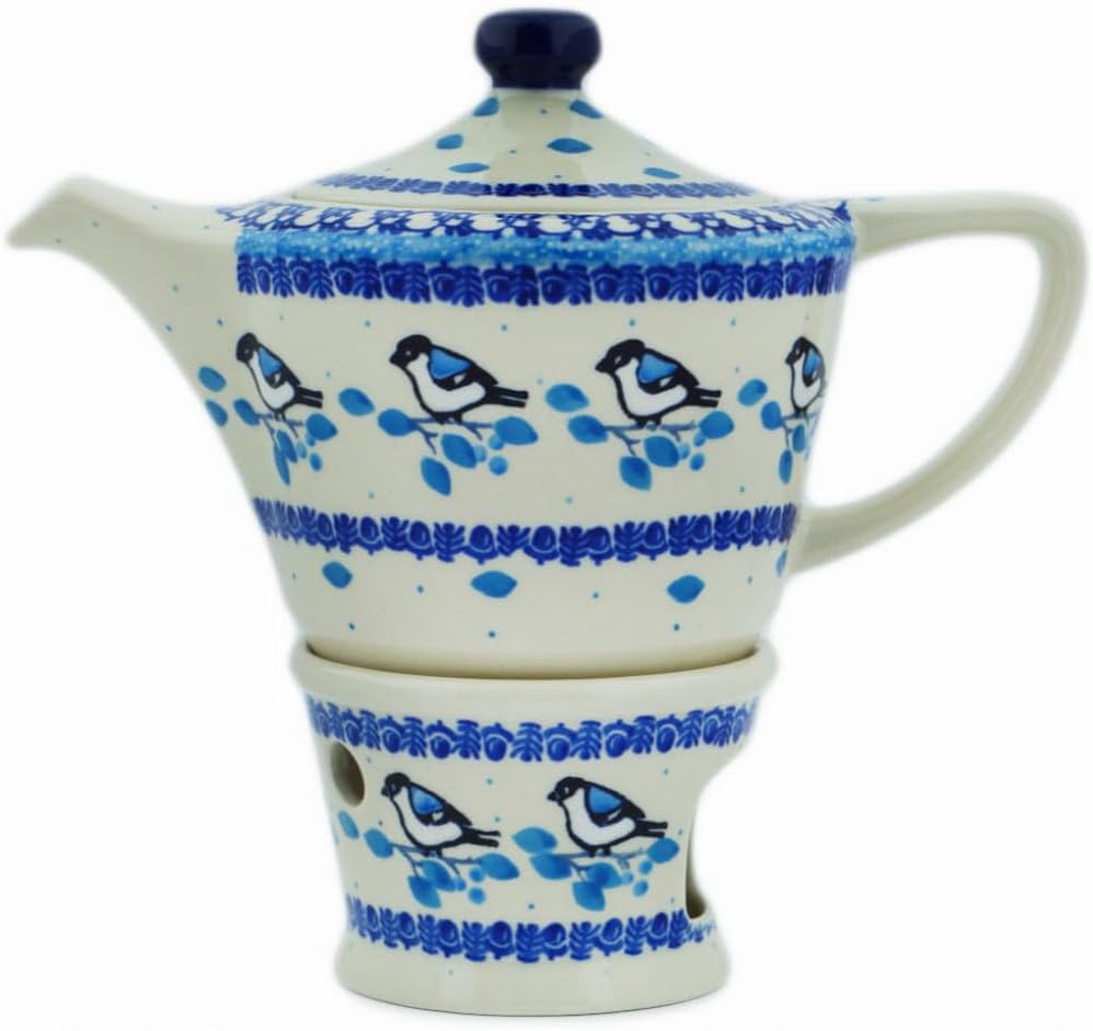 Polmedia Polish Pottery Tea or Coffee Pot with Heater - Winter Sparrow Pattern Handmade in Boleslawiec Poland by Ceramika Artystyczna + Certificate of Authenticity