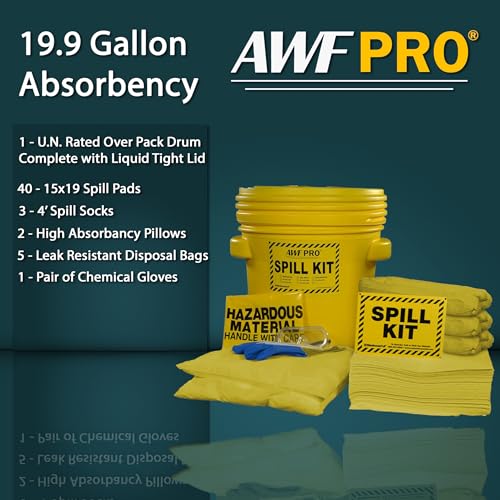 Image of AWF PRO 20 Gallon Hazmat Spill Kit, 59 Pieces | Includes DOT Approved 20 Gallon Drum, Sorbent Socks, Pads, & Pillows, & Accessories