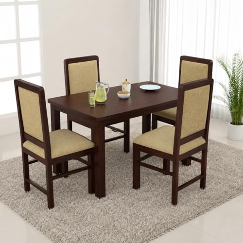 Image of VK Furniture Premium Solid Wood 4 Seater Dining Table Set of 4 for Home | Sheesham Wood Dining Table with High Back Cushioned 4 Chairs Walnut |Dinning Table 4 Seater Chairs for Home| Benze Walnut
