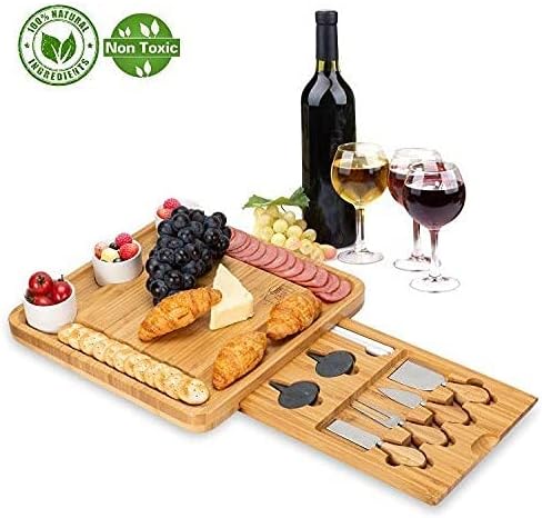 Bamboo Cheese Board with Cutlery Set-Charcuterie Cheese Plate Include 3 Ceramic Bowls with Marker Set by OasisCraft (Cheese Board)