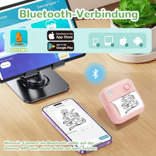DOLEWA LX-D3 Mini Drucker, Bluetooth Pocket Printer, Tragbarer Thermodrucker mit 8 Rollen Aufklebern, Kompatibel mit iOS und Android, für Lernen, Bilder, Quittungen, to-Do-Listen (Rosa)