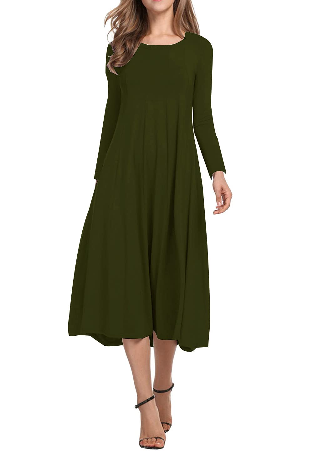 Necooer Women's Casual Loose Plain Pleated Long Dress Short Sleeve Midi Dresses