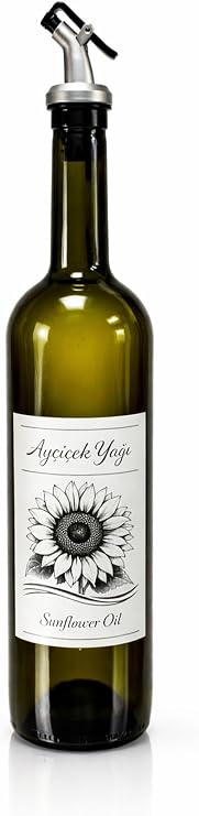 Zeytinyağı ve Ayçiçek Yağı Şişesi Seti, Beyaz Etiket ve Yağdanlık Aparatlı, Ahşap Standlı 750 ml, 2 Adet, Yeşil Cam Şişe (Standlı, Gri)