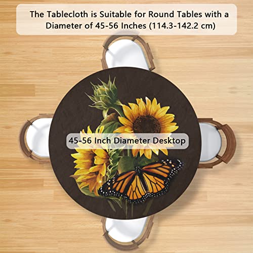 Sunflower Butterfly Round Tablecloth with Elastic Edge,Summer Floral Flower Fitted Table Waterproof Wipeable Round Table Cover for Dining Kitchen Party Indoor Outdoor Patio Table 45