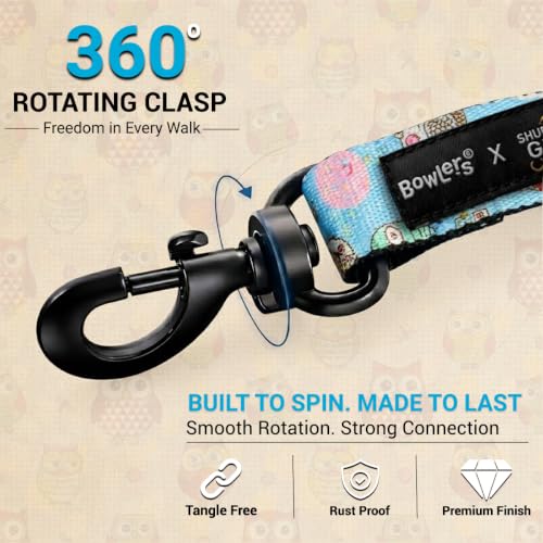 Image of Bowlers Dog Leash for Small, Medium & Large Dogs | Owl & Blue Design | Durable Nylon Pet Walking Lead | Strong Metal Hook | Comfortable Grip for Daily Walks & Training