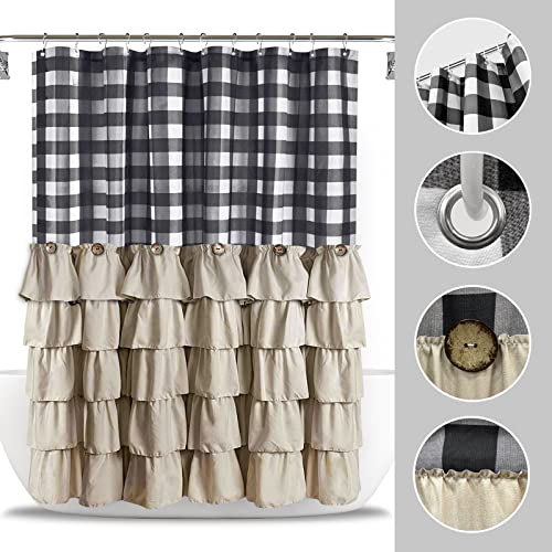 Seasonwood Farmhouse Shower Curtain Set With 12 Hooks Boho Shower Curtain With Button Bathroom Decor Black Buffalo Plaid Pattern With Fabric Ruffles Waterproof With Washable Durable 72"X72" #TOP2