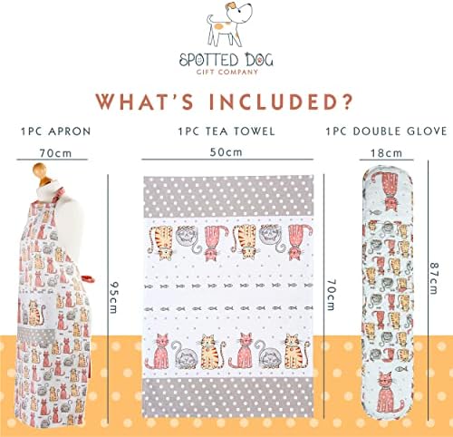 SPOTTED DOG GIFT COMPANY  Cat Themed Kitchen Baking Gift Set of 3  Cooking Apron, Tea Towel & Double Oven Gloves, Animal Gifts for Cat Lovers Women