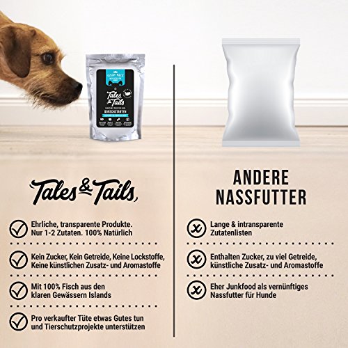 Tales & Tails® - Nassfutter für Hunde aus 100% isländischem Lachs| Getreidefreies Hundefutter, Natürlich, Nährstoffreich, Zuckerfrei | Hundenassfutter „Ohne Flachs mit Lachs“| 8X 100g
