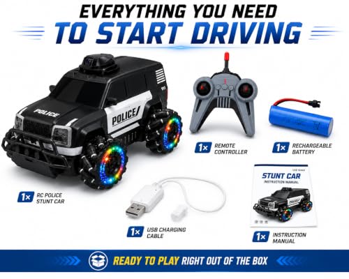 Image of 1:12 RC Police Stunt Drift Car with Camera, 2.4GHz Remote Control Car, LED Lights, Spray Mist, 360 Drift Wheels, USB Rechargeable 4WD Off-Road RC Car Toy for Kids Boys & Girls Age 6+