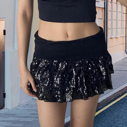 Cathery Women's Sequin Mini Skirts Mid Rise Tiered Ruffled A Line Layered Tiered Sparkly Party Club Going Out Short Skirt2