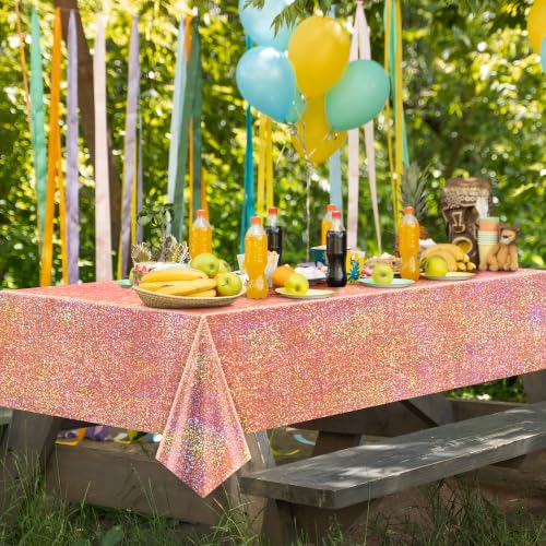 Image of 1 Pack Rose Gold Holographic Tablecloth 40 x 108 inch, Iridescent Shiny Plastic Rectangle Table Cover for Bachelorette Party, Bridal Shower, Wedding, Birthday, Anniversary and Baby Shower Decorations