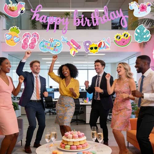 Image of Summer Happy Birthday Banner for Pool Party Decoration Supplies | Beach Hawaii Luau Tropical Garland, Pink, Paper