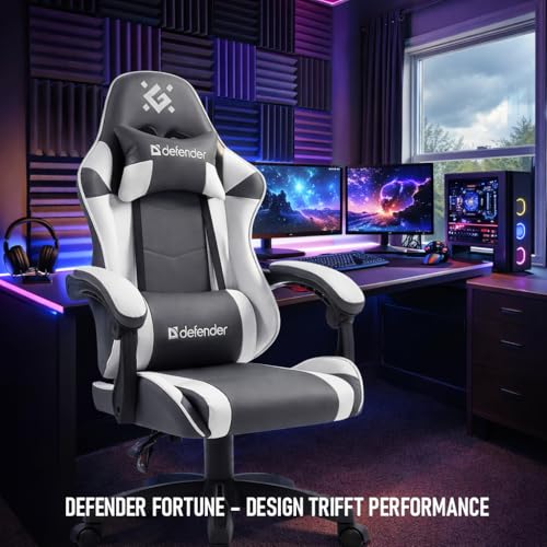 Defender® Gaming Stuhl, Ergonomischer PC Stuhl, bequemer Bürostuhl für Home Office oder Gamer-Sessel, Kopfkissen, Höhenverstellbar, Computerstuhl, Computersessel, Weiss-Grau