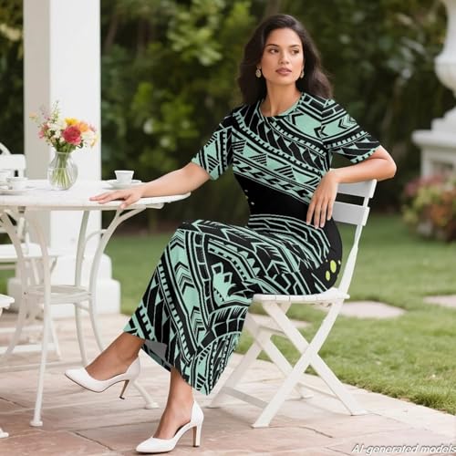 Image of Polynesian Dress for Women Short Sleeve High Waist Maxi Skirt | Puletasi dress, t-shirt and skirt two-piece, elastic material, lightweight, soft, plus size, luau party, wedding, clubwear