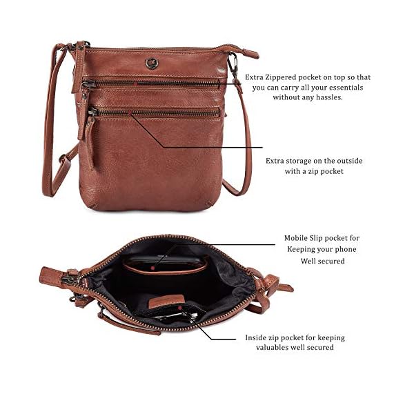 Cochoa Small Women Real Leather Crossbody Triple Zip Vintage Sling Handbag Purse Travel Crossover Shoulder Bag Handmade (Cognac Washed Vintage) - Image 4