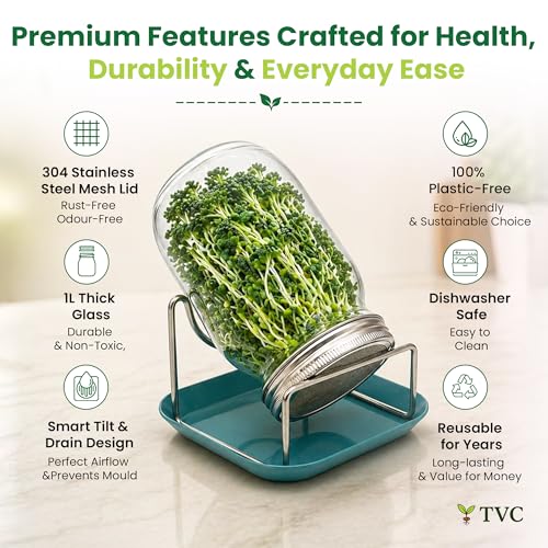 Image of TVC 1L Glass Sprout Maker Jar with Stainless Steel Mesh Lid & Stand | For All Sprouts & Microgreens | Plastic-Free Sprouting Kit | Easy Rinse & Drain, Dishwasher Safe, Rust-Free