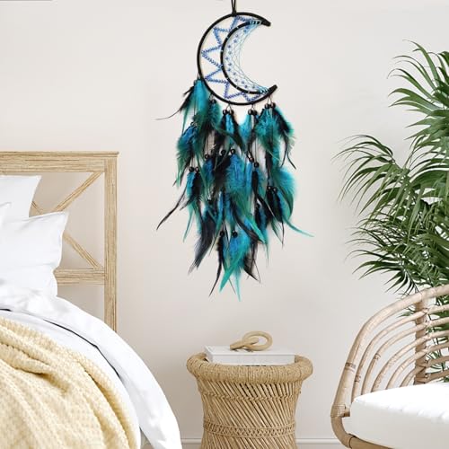 Moon Dream Catcher Black and Blue Dream Catchers Wall Decor Handmade Feather Dreamcatcher Wall Hanging Ornament for Bedroom Living Room Home Decor - Image 6