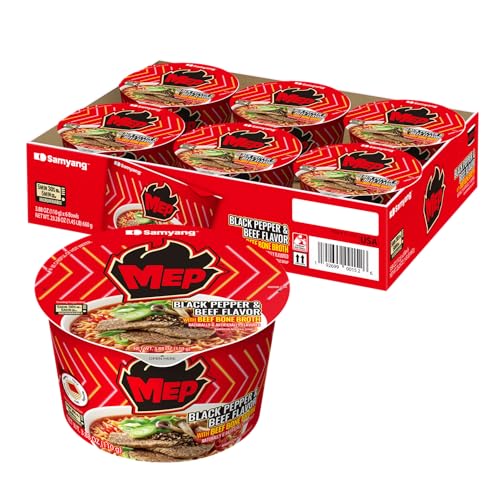 Samyang MEP Black Pepper Beef Ramen, Spicy Korean Instant Bowl Noodle Soup, Rich Bone Broth Ramyeon, Quick Microwave Meal, 3.88 oz (Pack of 6)
