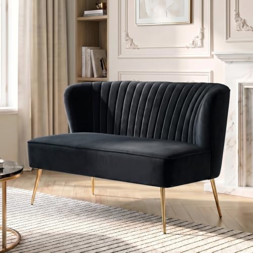 Image of HULALA HOME Velvet 2 Seater Sofa Upholstered Loveseat Couch with Metal Legs Armless Backrest for Living Room Bedroom Lounge, Black