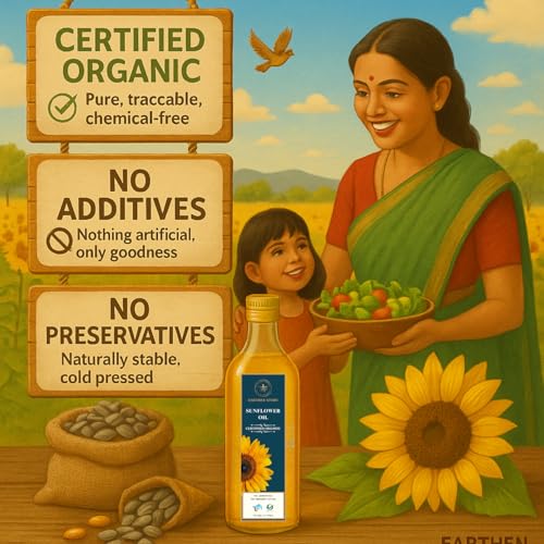 Image of Earthen Story Certified Organic Sunflower Oil 1L | Lab Tested for 250+ Pesticides | NPOP Approved | Unrefined & Chemical-Free Cooking Oil | High in Antioxidants, Heart-Healthy, Nutrient-Rich