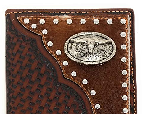 Texas West Western Men's Basketweave Genuine Leather Longhorn Long Cowhide Stud Bifold Wallet (coffee)4