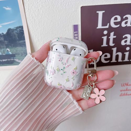 Image of MINSCOSE Compatible with AirPods 1&2 Clear Case, Cute Cartoon Flower Pattern Design with Aesthetic Floral Keychain Soft TPU Protective Shockproof Cover for AirPods 1&2 for Women Girls-Pink