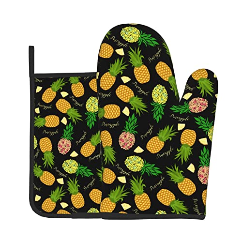Tropical Pineapple Oven Mitts Pot Holders Set,2-Piece Set, Heat Resistant Waterproof Gloves For Kitchen Cooking, Baking, Bbq #TOP5