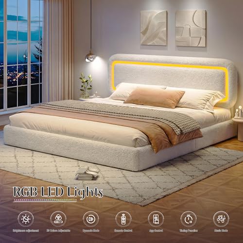King Size Bed Frame with Led Lights,Soft Cloud Bed Frame King with Headboard,Boucle Upholstered King Platform Bed Frame,Anti-Collision Round Corners,No Box Spring Needed,Modern,Cream White - Image 5