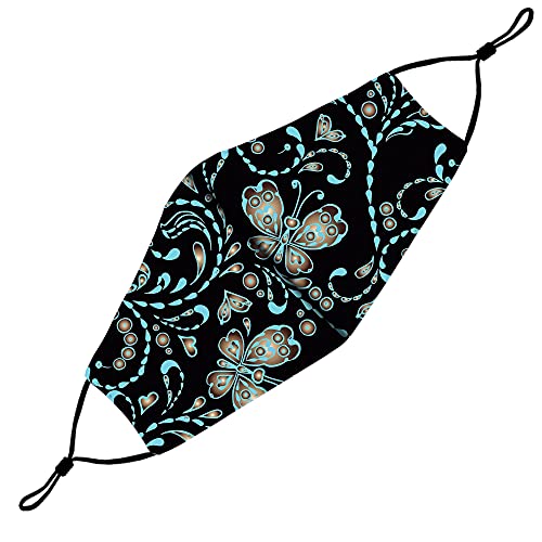 Washable Face Mask With Adjustable Ear Loops & Nose Wire - 3 Layers, 100% Cotton Inner Layer - Cloth Reusable Face Protection With Filter Pocket - (Seamless Butterfly #TOP2