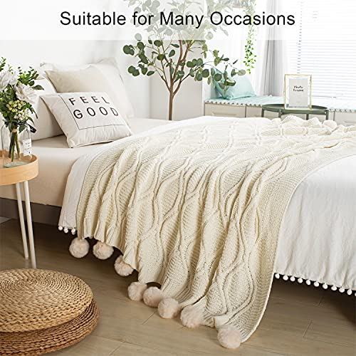 Chunky Knit Blanket With Pom Poms- Thick, Soft, Big, Cozy Throw Blankets For Couch, Bed, Sofa, Chair-50×60 Inches,White #TOP5