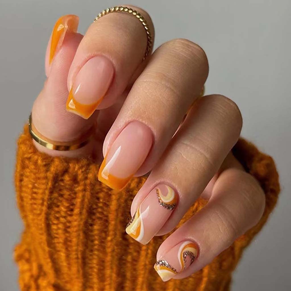 RikView French Tip Press on Nails Medium Fake Nails Square Acrylic Nails with Swirls Design Orange Nails for Women