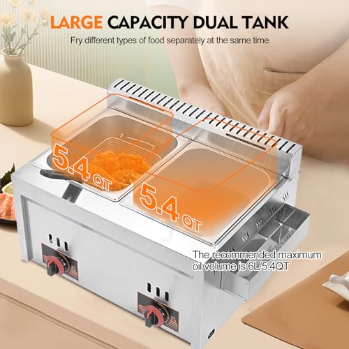 rzoizwko Gas Fritteuse 20L Gas-Fritteuse Edelstahl Fritteuse mit 2 Pommes Körbchen, Doppelter Tank Fritteuse Maschine für Restaurants, Cafés, Imbissstuben – Bild 5