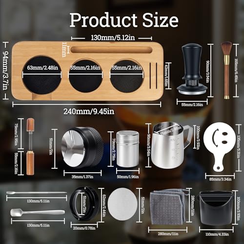 29PCS Espresso Accessories Kit,51mm Espresso Tamper Tools,Includes Wood Station,Distributor,Knock Box,Stirrer,Dosing Funnel,Brush,Puck Screen,Frothing Pitcher,Powder Ring,Towel,Decorative Stencils