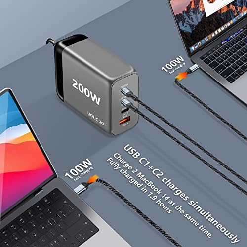 UOUCOO 200W USB C Charger Plug GAN Charger,100W+100W 4 Port Fast Charger USB C Charging Station/Power Adapter,with 2m PD Lightning Cable,for MacBook Pro/Air,Dell,iPhone14/13Pro iPad,Switch,Galaxy