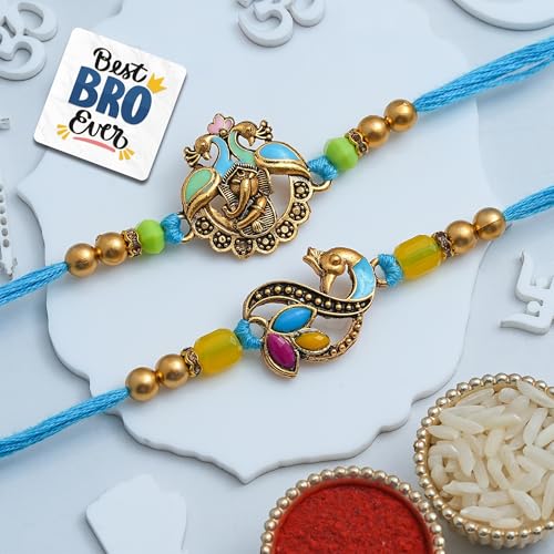 Image of eCraftIndia Peacock Lord Ganesha Rakhi Set of 2 | Rakhi for Brother Bhaiya Bhai with Best Bro Ever Fridge Magnet | Roli Chawal Pack
