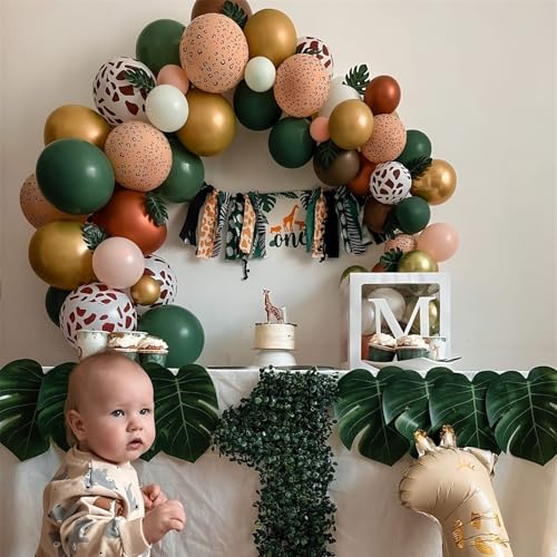 Image of Jungle Safari Balloon Arch Garland Kit, Olive Sage Green Brown Beige with Animal Print Wild One Ballons, Giraffe Leopard Balloon for 1st Birthday Baby Shower Woodland Jungle Safari Party Decorations