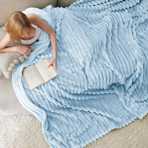 BEDSURE kuscheldecke 220x240 für Zimmer Deko - Tagesdecke, Wolldecke & Fleecedecke, Sofadecke, Weiche Warme Grobe Korddecke für Couch, Geschenke für Frauen, XXL Große Decke, Hellblau, 220 x 240 cm